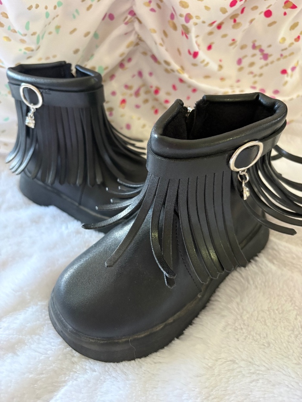 Fringe Leather Boots with diamond chain zipper - Size 7